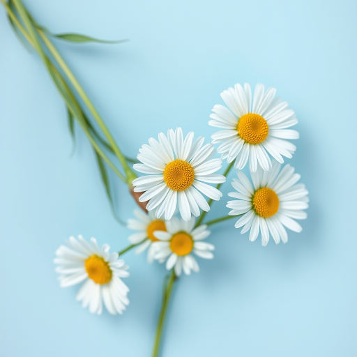 Create a minimalistic design featuring white daisies with yellow centers against a soft blue background, using a Canon EOS R5 with an aperture of f/2.8, ISO 100, 50mm lens, overhead view, and soft natural lighting for enhanced image quality.