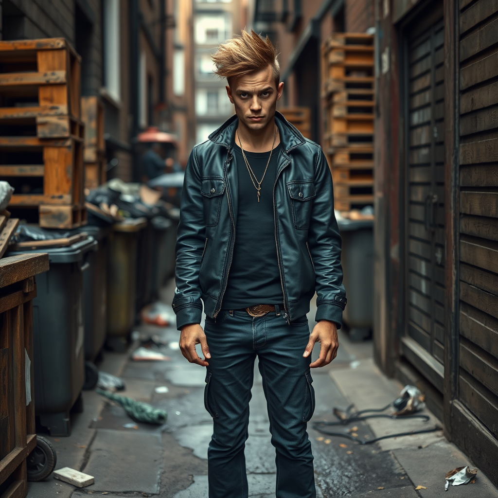 generate an ultra-realistic, highly detailed photograph of a punk. he's standing still, looking menacingly at the camera. he's in a narrow, dirty London street. there are wooden crates stacked up. overflowing rubbish bins, rubbish on the ground.