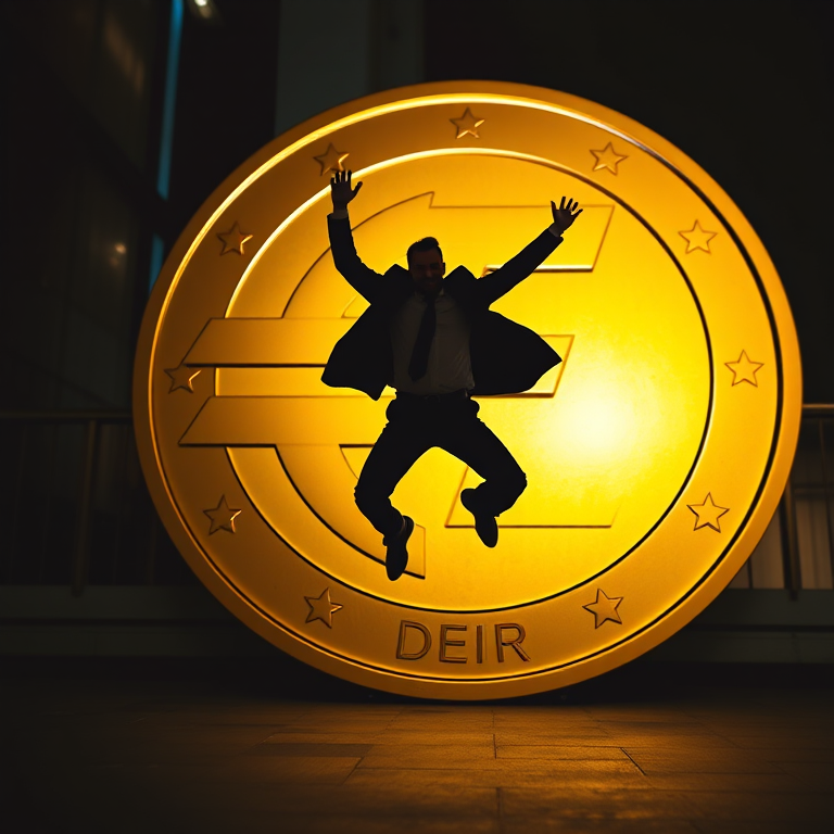 Create an image of a silhouetted businessman jumping against a large golden Euro coin backdrop, captured with a Canon EOS 5D Mark IV at f/2.8, ISO 100, 1/500 sec, with a low angle view and dramatic lighting for high contrast and depth.