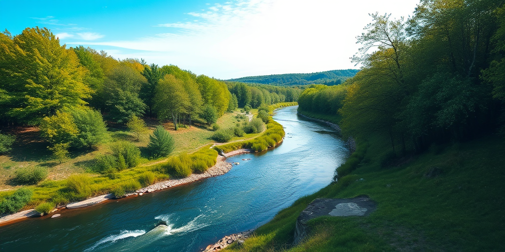 Generate a high-resolution image of a serene landscape with a winding river, vibrant green trees, and a clear blue sky, captured with a Canon EOS R5 camera at f/8 aperture, ISO 100, and a shutter speed of 1/200 sec, using a wide-angle lens from a low angle perspective to enhance depth.