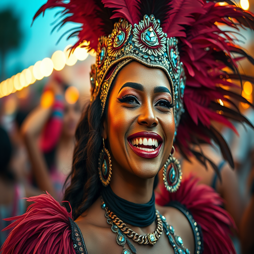 Regenerate an image of a joyful woman in elaborate carnival attire with feathers and sparkling makeup, captured in a vibrant festival setting, using a Canon EOS R5 camera, 50mm lens, aperture f/1.8, ISO 100, 1/200s shutter speed, in shallow depth of field, with warm ambient lighting to enhance facial expressions and colors.