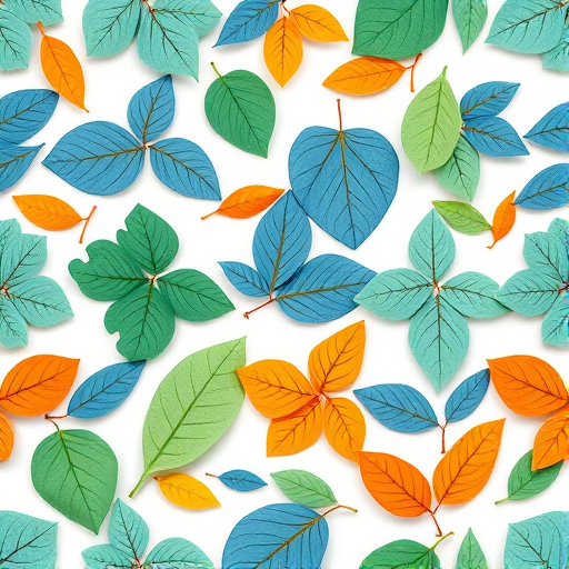 create a seamless pattern featuring stylized leaves in various shades of blue, green, and orange set against a light background, shot with a Canon EOS 5D Mark IV, 50mm lens, f/2.8 aperture, ISO 100, natural lighting, high-resolution, flat lay perspective