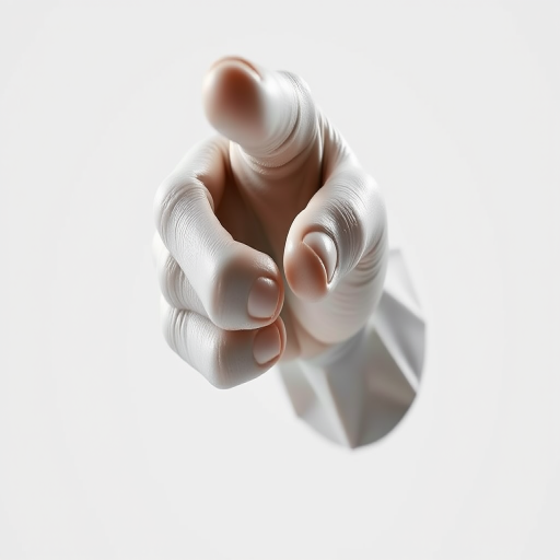 Create a highly detailed 3D render of a sculpted human hand pointing directly at the viewer, using a Canon EOS 5D Mark IV with a 50mm lens, aperture set to f/2.8, ISO 100, in soft studio lighting with a clean white background to emphasize the contours and textures of the hand.