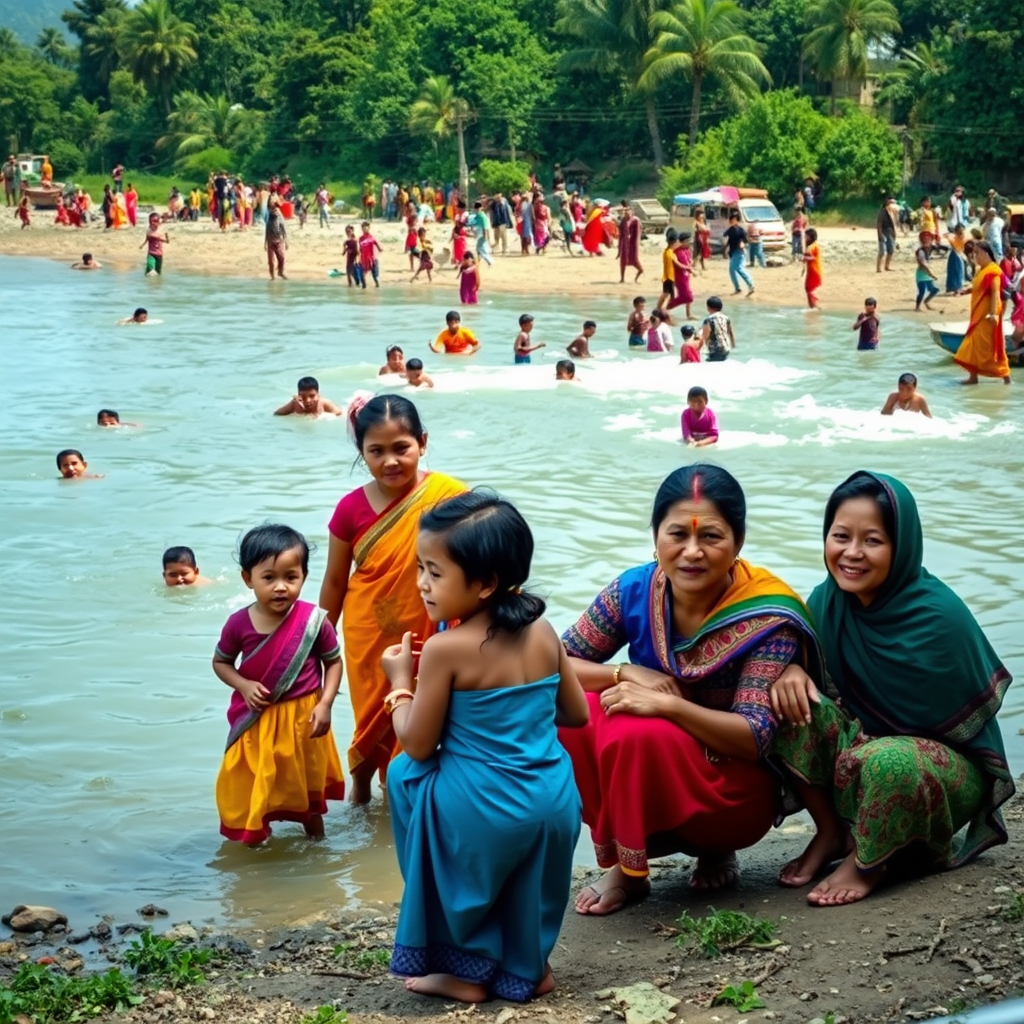 Capture a vibrant scene of families enjoying a riverbank, with people playing in the water and colorful traditional clothing, using a Canon EOS 5D Mark IV, ISO 200, aperture f/4, shutter speed 1/250 sec, shot from a low angle to emphasize action and expressions, natural light for enhanced colors.