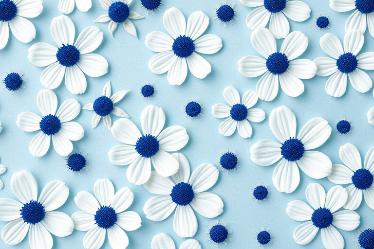 Create a bright, whimsical floral pattern featuring abstract white flowers with blue centers on a soft blue background, captured with a DSLR camera at f/8 aperture, 50mm lens, natural light, and a shallow depth of field for enhanced color vibrancy.