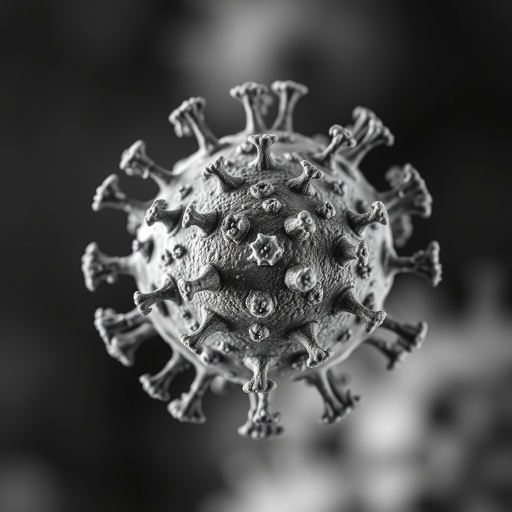 macro shot of a virus structure with detailed spikes and surfaces, using a Canon EOS R5, 100mm macro lens, aperture f/2.8, ISO 100, shallow depth of field, soft focus background, monochrome style
