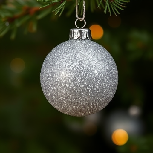 silver glitter Christmas ornament hanging from evergreen branch with green blurred background, aperture f/2.8, shutter speed 1/125 sec, ISO 100, macro lens, natural lighting, focused on the ornament