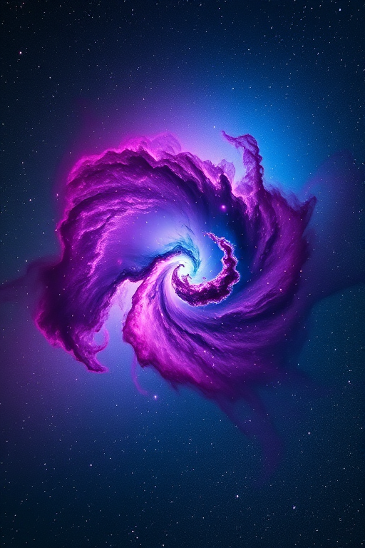 Create a vibrant cosmic scene depicting a nebula with swirling purple and blue colors, capturing detailed star fields in the background, using a Canon EOS R5 with a 24mm f/1.4 lens at ISO 400, shutter speed 1/60 sec, and aperture set to f/2.8 for enhanced clarity and depth.