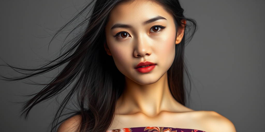 Photographic image of a beautiful young Hmong woman, brown eyes, lips with white lipstick, long hair fluttering in the wind and wearing a silk strapless dress with a soft purple and orange print. monochrome image with only color highlights in the iris of the eyes, lipstick and dress. Gray background.