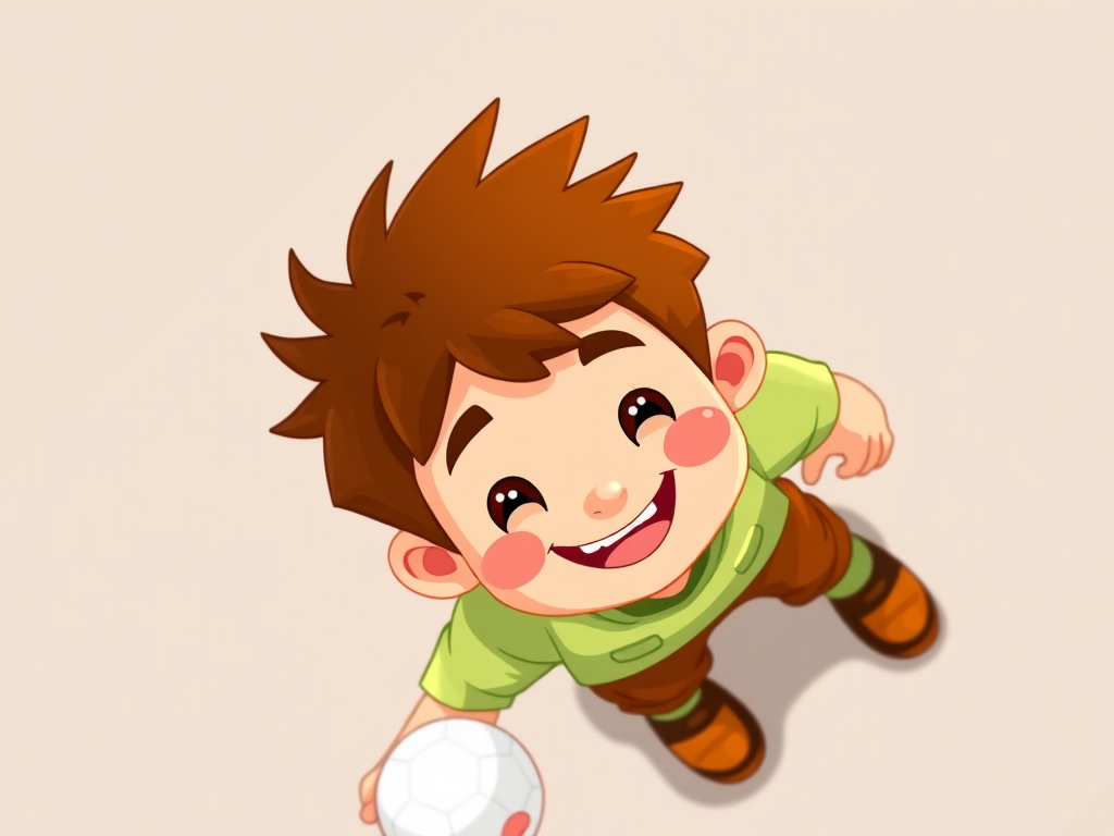 Create an illustration of a cheerful cartoon boy with brown spiky hair, wearing a light green shirt and brown pants, holding a white ball, captured from a top-down perspective using a digital illustration style with high resolution, 300 DPI, and vibrant colors.