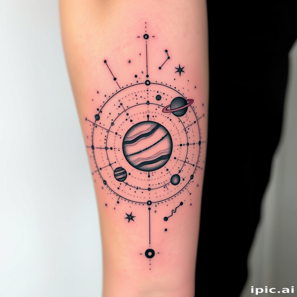 Cosmic dotwork tattoo showcasing a detailed solar system with planets and constellations, gradually fading into the skin to create the illusion of infinite space