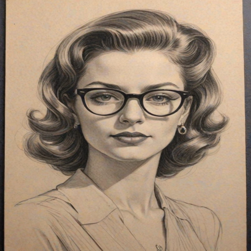 Dazzling Raven Symon', pencil sketch, portrait of Sublime woman 1939s in glasses, hair style beatnik, outline, clear lines, fine lines, 8k
