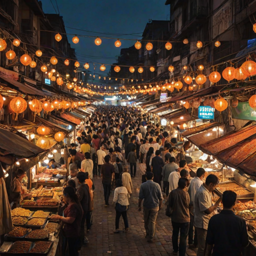 Bustling street market at night, with food stalls serving delicious treats, the aroma of spices in the air, and vibrant lights creating an inviting atmosphere.