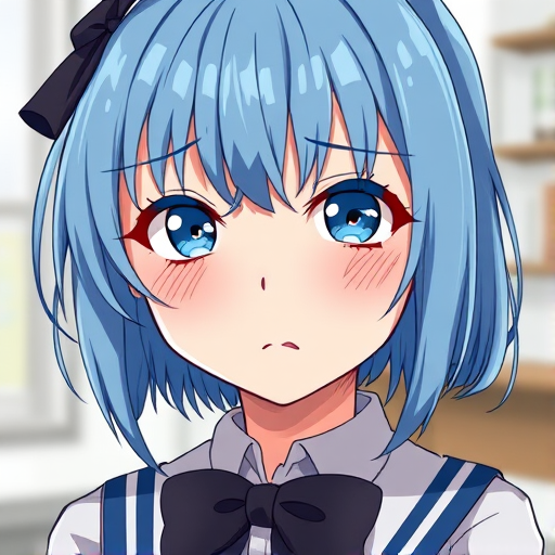 Create a detailed illustration of a girl with blue hair and a worried expression, wearing a school uniform with a bow tie, captured with a Canon EOS R5, 50mm lens, f/1.8, 1/125s, ISO 100, in a close-up portrait style with soft lighting and a blurred background to enhance focus on the character.