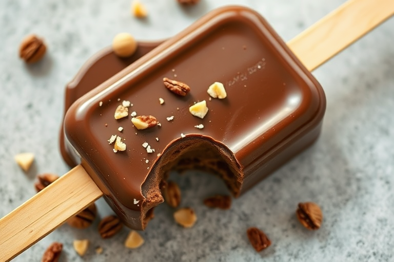 Create a high-resolution image of a chocolate ice cream bar with a bite taken out, showcasing its glossy texture and sprinkled nuts, captured with a 50mm lens at f/2.8, using a top-down view and soft natural lighting, in a professional DSLR style.