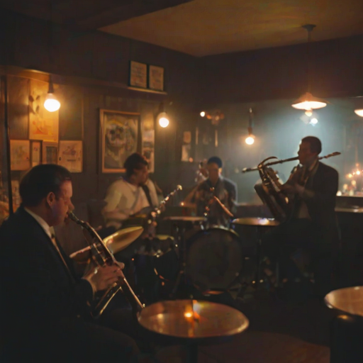 Blurry candid shot of a group of musicians playing jazz in a smoky bar, soft golden light from overhead lamps illuminating the scene, with instruments and drinks scattered on small tables.