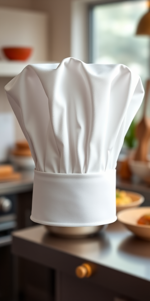 Create a high-resolution image of a chef's hat with a soft focus background; use a DSLR camera with a 50mm lens at f/1.8, ISO 100, and a shutter speed of 1/200 sec, capturing the hat in a bright kitchen setting.
