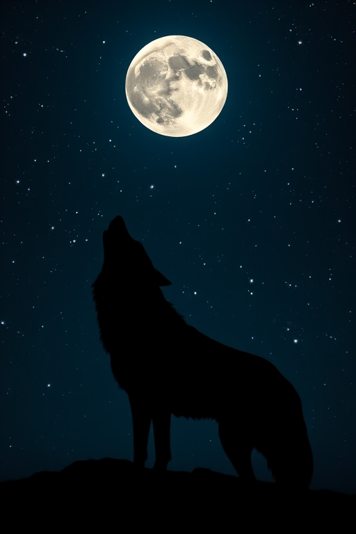 Create a high-resolution image of a silhouette of a wolf howling at a full moon in a starry night sky, captured with a Canon EOS 5D Mark IV, using a 50mm lens, aperture set to f/1.8, shutter speed at 1/100s, and ISO 800 for detailed night photography.