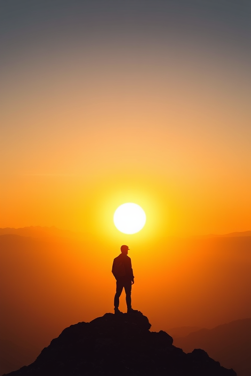 generate an image of a solitary figure standing on a rocky outcrop at sunset with a large sun setting in the background behind a mountain landscape, camera settings: aperture f/8, shutter speed 1/250s, ISO 100, camera view: landscape, camera style: silhouette, camera type: digital DSLR