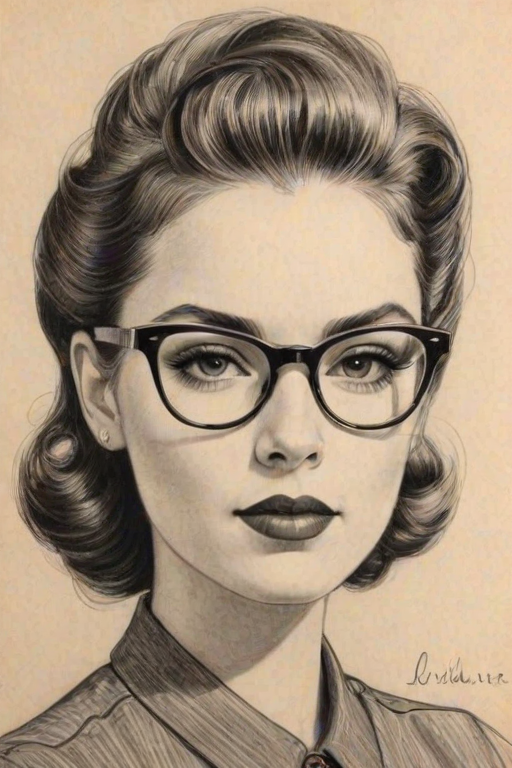 Sublime Ashley Marie, pencil sketch, portrait of Radiant woman 1953s in glasses, hair style beatnik, outline, clear lines, fine lines, 8k