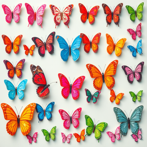 Generate an image featuring a grid of colorful butterflies. Include a variety of butterfly designs in different colors such as pink, red, blue, orange, green, and purple. Arrange them in a neat pattern, ensuring a balanced mix of each color and style.