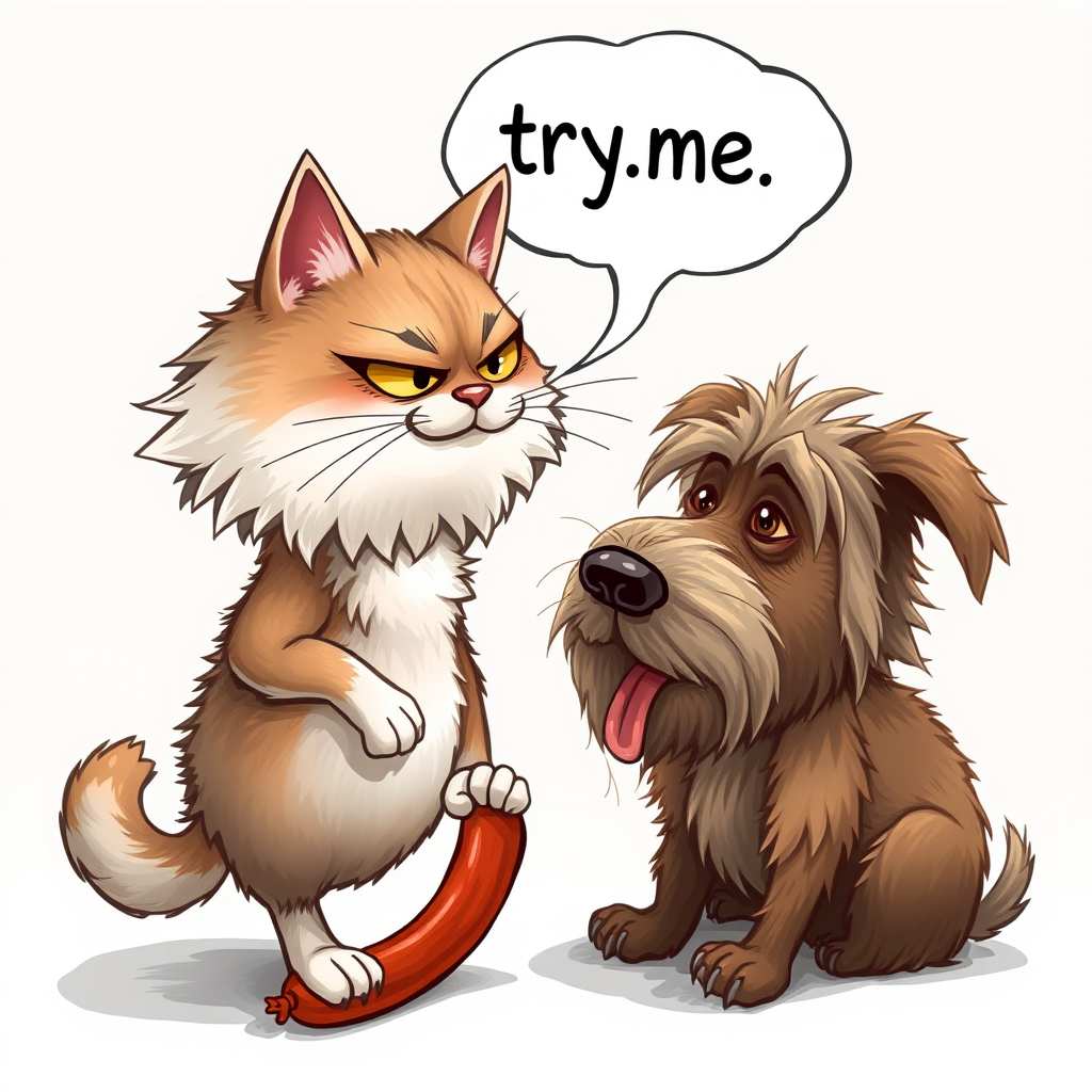 caricature of a silly whimsical fluffy cat with a mean look she has one foot on a sausage and is looking at an old scraggly big dog the cat has a thought bubble above her head that says “try,me"