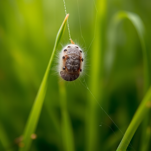close-up of a fuzzy caterpillar on a spider web draped over green grass blades, natural light, macro lens, aperture f/2.8, ISO 100, 1/250 sec, DSLR camera, shallow depth of field, soft background blur