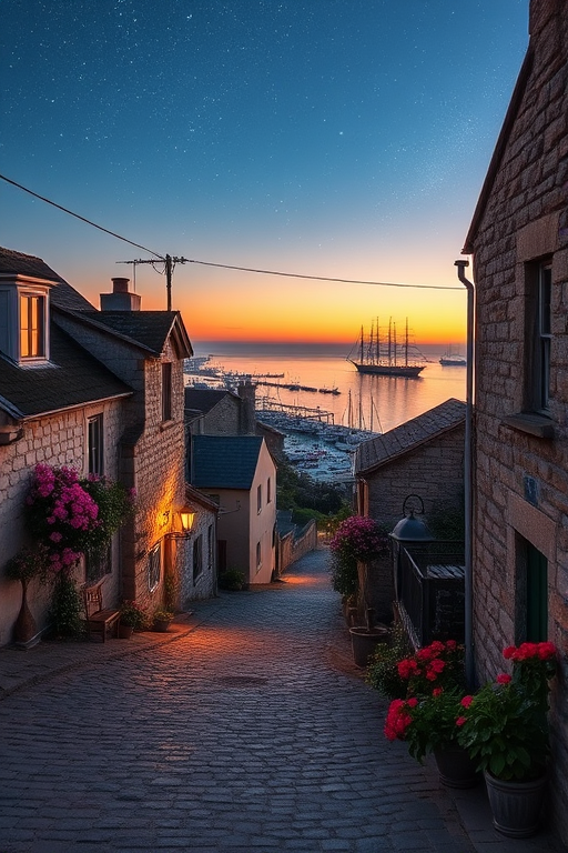 Regenerate a picturesque coastal village scene during twilight with cobblestone streets, charming stone houses, blooming flowers, and a view of tall ships in the harbor under a starry sky, using a DSLR camera, 24mm lens, f/8 aperture, ISO 200, 1/125 sec shutter speed, and soft lighting for enhanced quality.