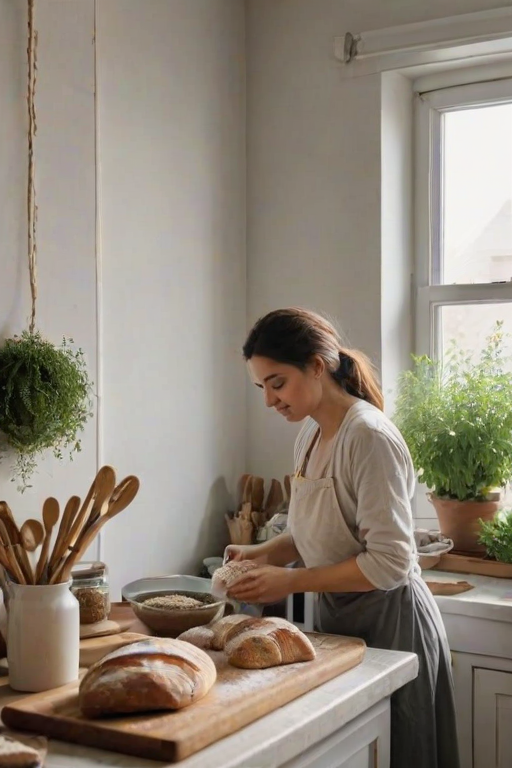 Cozy kitchen with a woman baking bread, flour dusting the countertop, fresh herbs on the windowsill, and the aroma of baked goods filling the air.