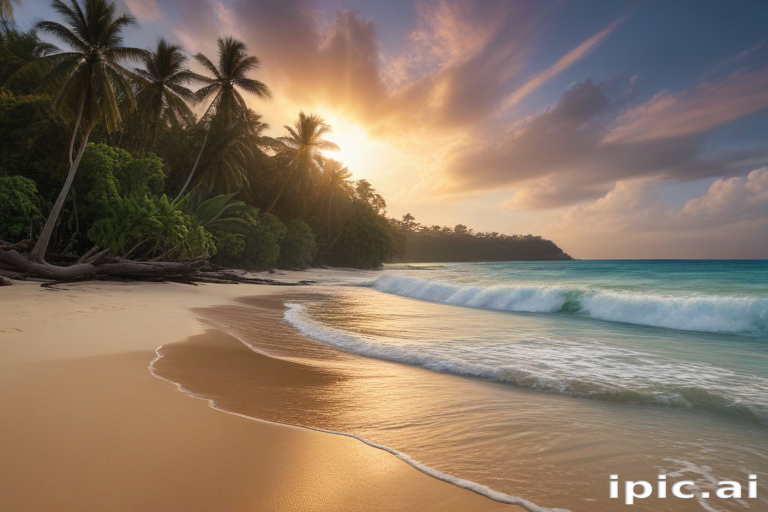 Serene Tropical Beach at Sunset with Gentle Waves and Lush Palm Trees