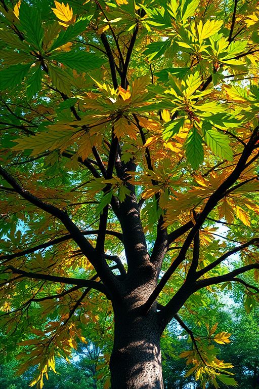Create a vibrant illustration of a tree with rich green and brown leaves, using a high-resolution digital art style, shot from a low angle for a dramatic effect, with a soft focus background to enhance depth, and use vivid colors to highlight the foliage.