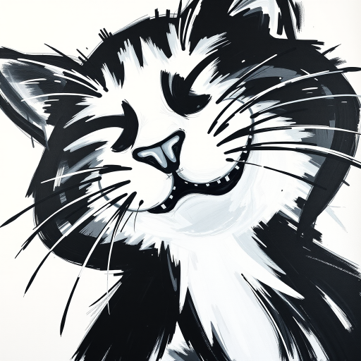 Abstract black and white acrylic portrait of an over exaggerated laughing (cat). Minimalism style. White background.