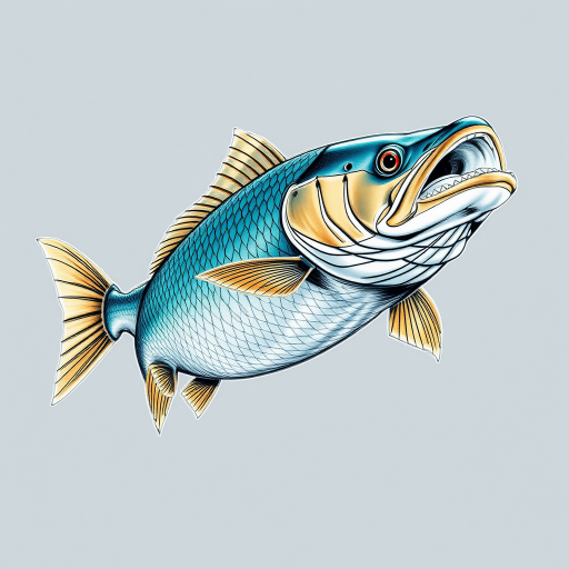 Create a high-resolution sketch of a leaping fish with detailed scales and fins, captured in full color, using a DSLR camera with a 50mm lens at f/1.8, 1/250 sec shutter speed, and ISO 100, from a dynamic low-angle view to enhance the sense of motion.