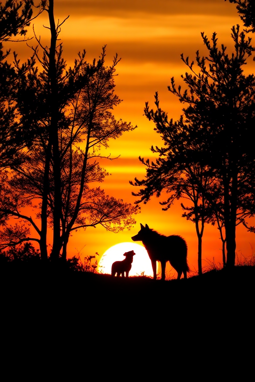 A serene sunset scene depicting a silhouette of a wolf and a small dog nestled among trees, with vivid orange and yellow hues in the background, captured with a DSLR camera at f/8, 1/125 sec, ISO 200, shot from a low angle with a wide-angle lens for enhanced depth of field.