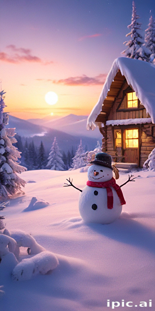 A Charming Winter Scene Featuring a Snowman Near a Cozy Cabin