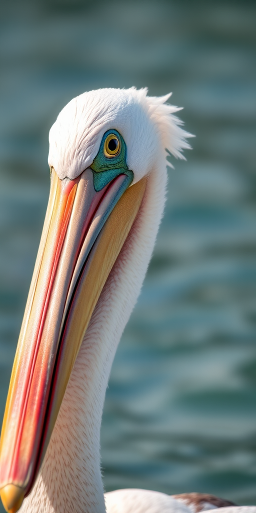 Create a close-up image of a pelican with a shallow depth of field, using a DSLR camera with a 85mm lens, aperture set to f/1.8, ISO 200, and a shutter speed of 1/1000 sec, capturing the vibrant colors and textures against a blurred water background.