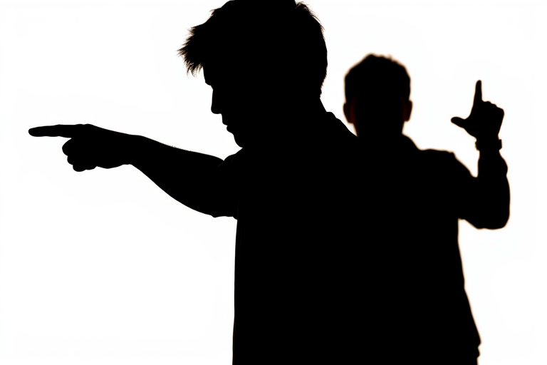 Create a high-contrast silhouette image of two figures, one pointing, against a bright background; use a DSLR camera with a 50mm lens at f/2.8, ISO 100, 1/200s; shoot from a slightly low angle for dramatic effect.
