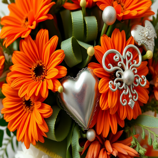 Create a detailed floral arrangement featuring vibrant orange flowers, green ribbons, and intricate decorative elements like a silver heart, using a DSLR camera at f/2.8 aperture, 50mm lens, macro view, soft lighting to enhance the colors and textures.