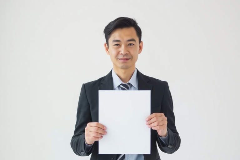 Create an image of a person in a business suit holding a blank white sign in front of their face, shot in soft natural light with a shallow depth of field, using a DSLR camera with a 50mm lens at f/2.8, ISO 100, and a slight vignette effect.