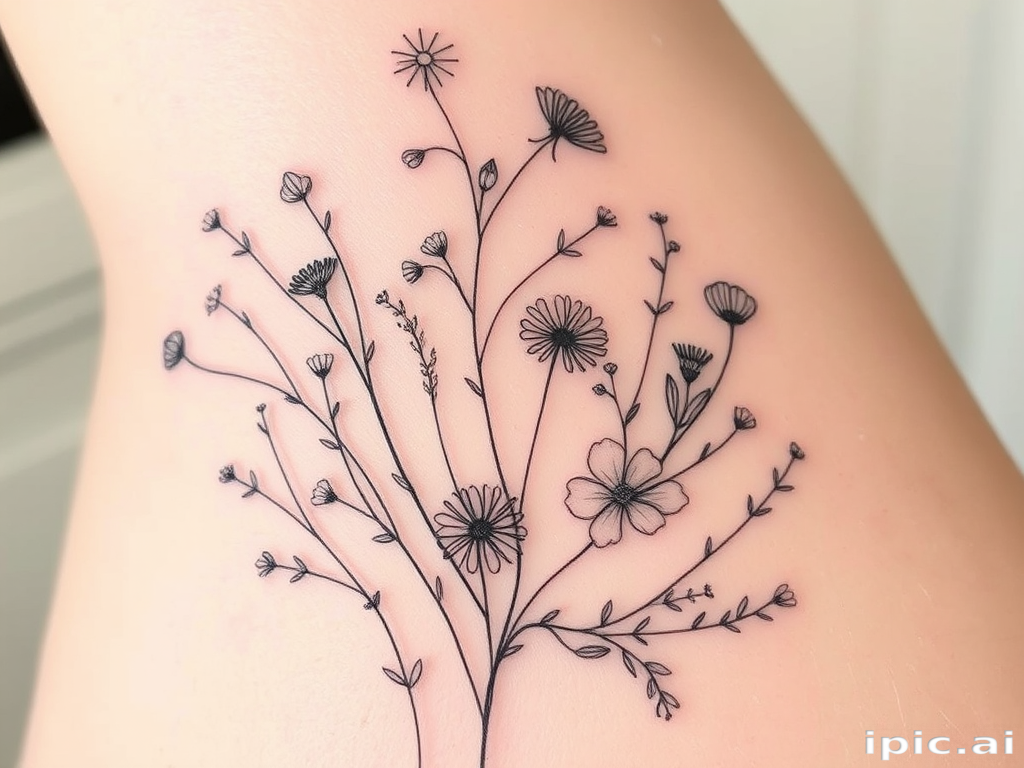 Delicate fine line botanical tattoo called "Whispers of Spring" featuring exquisitely detailed renderings of various wildflowers and herbs intertwining in a loose organic composition hairline-thin strokes capture the delicate nature of each petal and leaf creating a soft ethereal quality that appears almost translucent on the skin