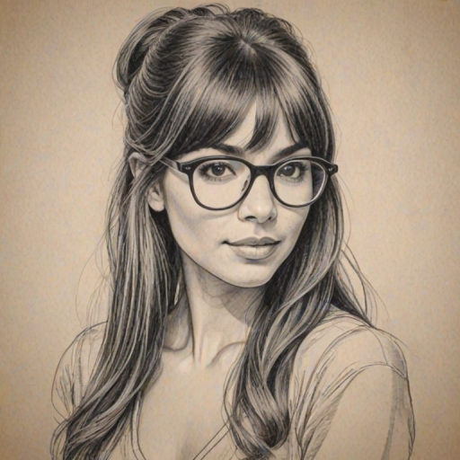 Stunning Hannah Simone, pencil sketch, portrait of Beauteous woman 1970s in glasses, hair style beatnik, outline, clear lines, fine lines, 8k