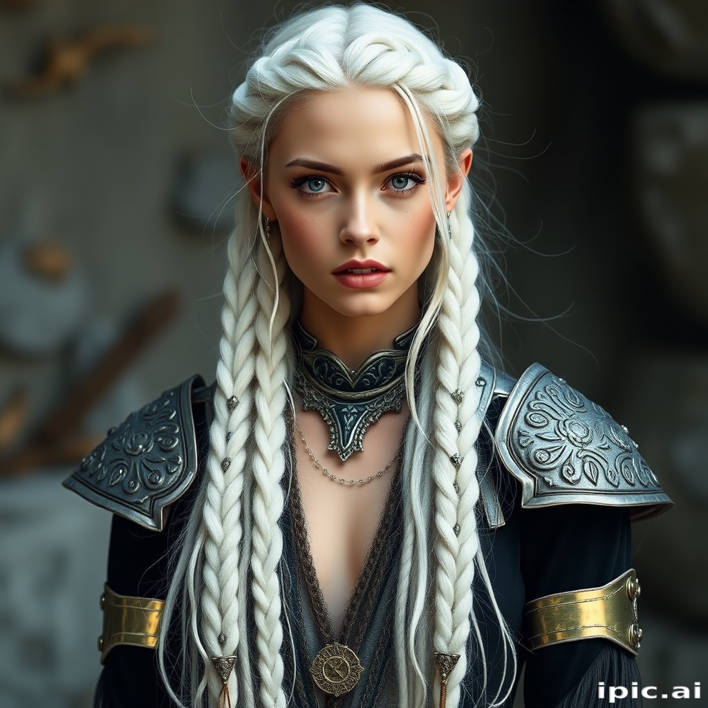 Silvery white waist-length braids adorned with metallic cuffs, dubbed "Moonlight Warrior," showcasing an ethereal, elven-inspired look with wispy tendrils