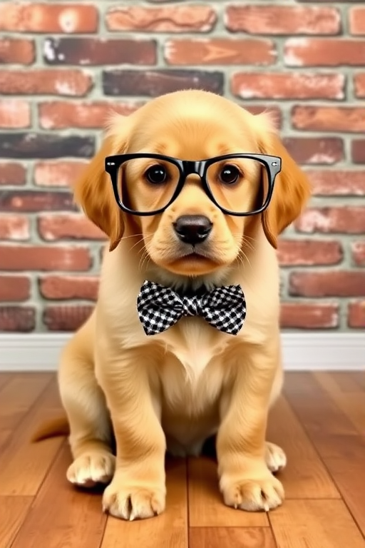 A golden retriever puppy wearing large glasses and a bow tie sitting in front of a brick wall with a wooden floor.