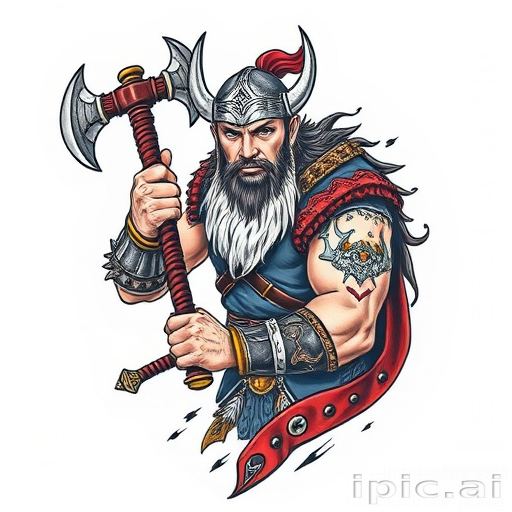 Neo-traditional tattoo of a fierce Viking warrior wielding an ornate battle axe, incorporating bold outlines, rich colors, and stylized elements inspired by Norse mythology