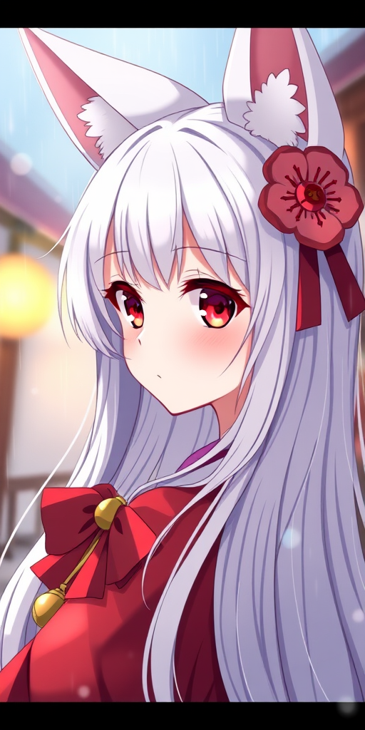 i want the whole image to be created in 3D anime style, 1girl, solo, long hair, looking at viewer, bangs, hair ornament, red eyes, ribbon, animal ears, flower, white hair, parted lips, japanese clothes, hair flower, blurry, from side, animal ear fluff, looking to the side, fox ears, bell, depth of field, blurry background, facial mark, thick eyebrows, slit pupils, fox girl, portrait, jingle bell, rain, sideways glance, whisker markings