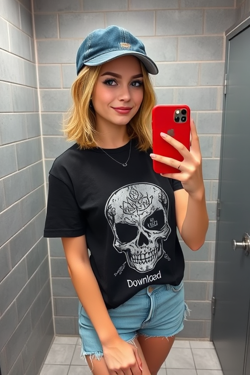 The image is a photograph of a young woman taking a selfie in what appears to be a public restroom, as evidenced by the grey cinder block walls and metal stall doors. She is a Caucasian woman with light skin Her facial features include a small nose, full lips, a beauty mark under her right eye and she has a subtle, natural makeup look with a focus on her eyes, which are accentuated with blue eyeshadow and mascara, giving her an alluring gaze. She has shoulder-length blonde hair, styled in a loose bob. She is wearing a dark blue denim cap, a black T-shirt featuring a stylized, intricate skull graphic with the word "Download" and some text below it, and light blue denim shorts. Her nails are painted a light pink, and she has a delicate silver necklace around her neck. She holds a red iPhone 12 mini, capturing her reflection in a mirror. The woman has a subtle, natural makeup look with a slight smile and neutral expression. The restroom features a tiled floor and a metal handrail visible at the bottom of the image. The lighting is bright, casting minimal shadows and providing a clear view of her outfit and the surroundings. The overall mood of the image is casual and candid, capturing a moment of everyday self-expression. The setting and attire suggest she is likely in her late teens or early twenties.