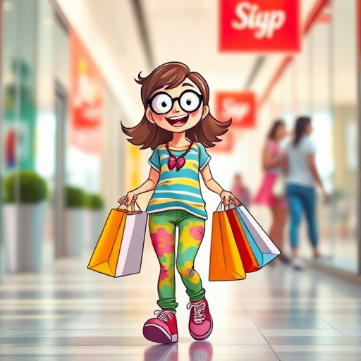 Create a vibrant and colorful cartoon character of a girl happily shopping, walking with two shopping bags, wearing a striped shirt, colorful pants, and accessories, in a bright and cheerful setting, captured with a digital camera at f/2.8, ISO 200, 50mm lens, natural lighting, shallow depth of field.