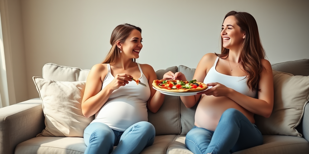 a cozy indoor scene featuring two pregnant women sitting on a couch, wearing casual white tank tops and jeans, engaged in a joyful moment sharing a pizza and salad, soft natural lighting, 50mm f/1.8 lens, aperture priority mode, DSLR camera, warm color tones.