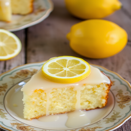 A slice of lemon cake topped with a shiny lemon glaze and garnished with a lemon slice on a decorative plate with a whole lemon in the background. The cake has a light golden color and a moist texture, placed on a rustic wooden table.