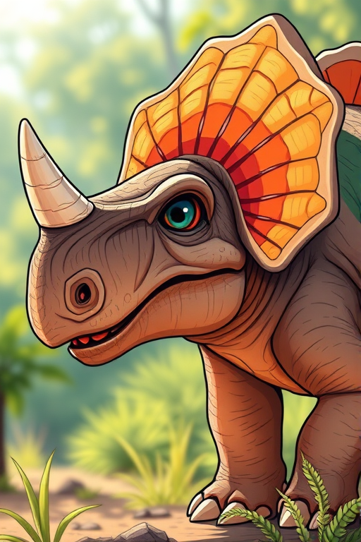 Create a highly detailed cartoon illustration of a triceratops with vibrant colors, using a Canon EOS R5 camera, 50mm lens, f/2.8 aperture, ISO 100, and natural lighting from a dynamic angle to enhance texture and depth.